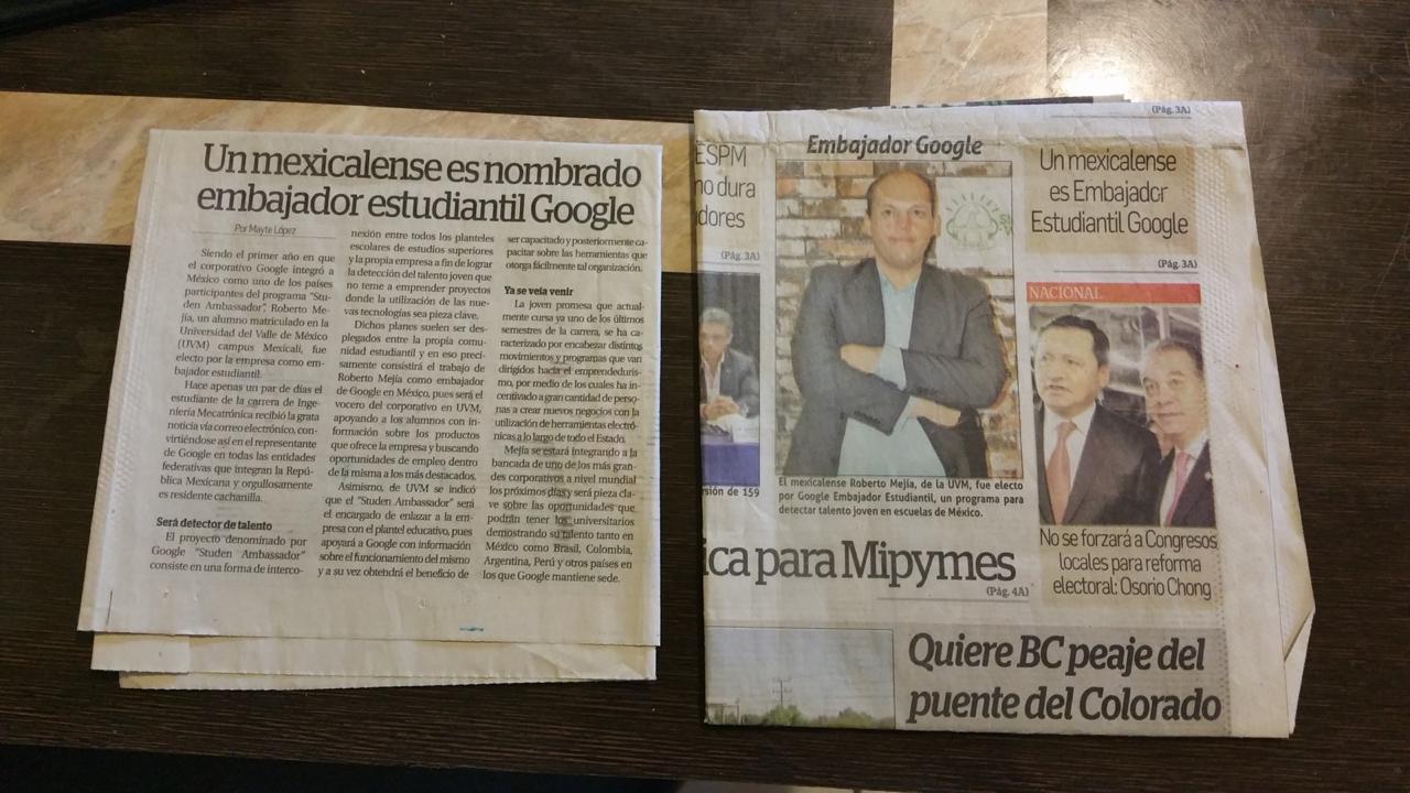 Roberto Mejia en prensa como Embajador Estudiantil de Google Mexico